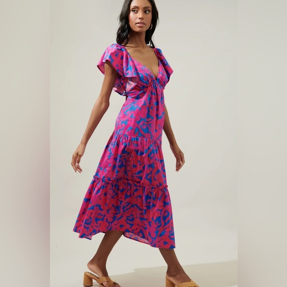 Sugarlips Dresses & Skirts - SugarLips Yeraldi Berry Fiora Open Lace Up Tiered Back Midi dress L